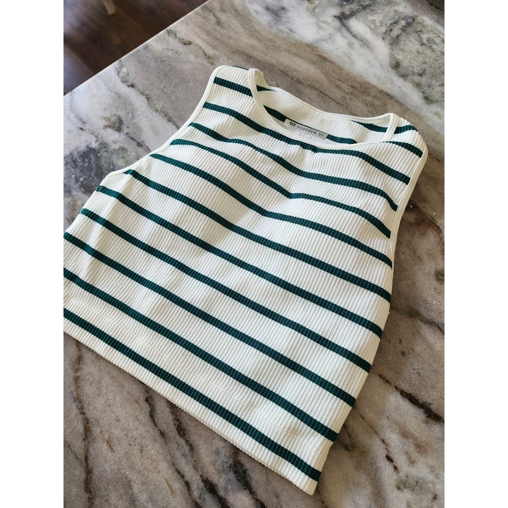 Forever 21 Womens Small White Green Striped Ribbed Knit Cropped Padded Tank Top